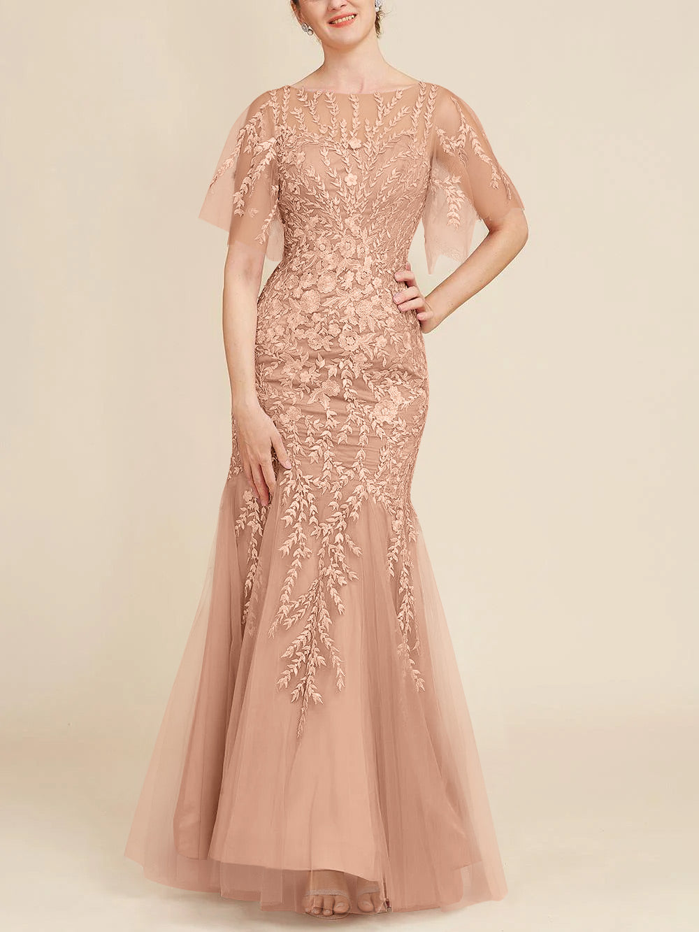 Long Mother of the Bride Lace Dresses with Trumpet Mermaid Scoop Half Sleeves
