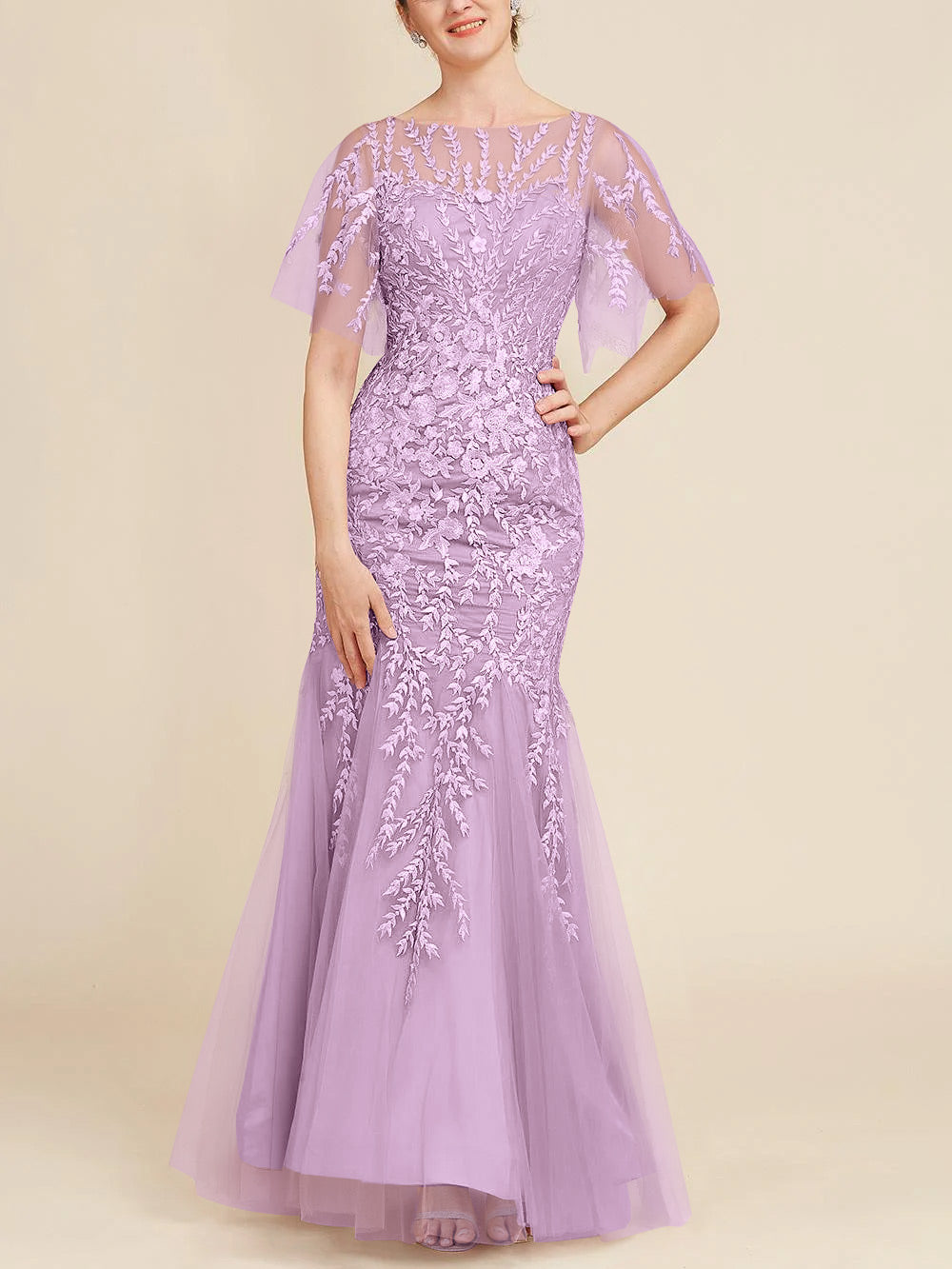 Long Mother of the Bride Lace Dresses with Trumpet Mermaid Scoop Half Sleeves