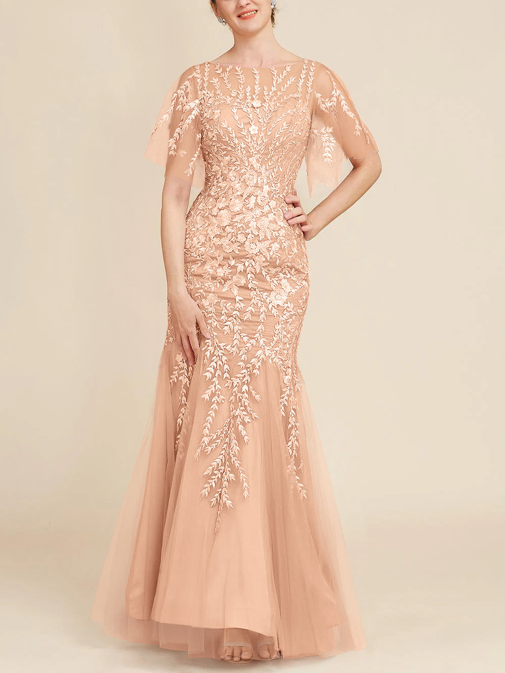 Long Mother of the Bride Lace Dresses with Trumpet Mermaid Scoop Half Sleeves