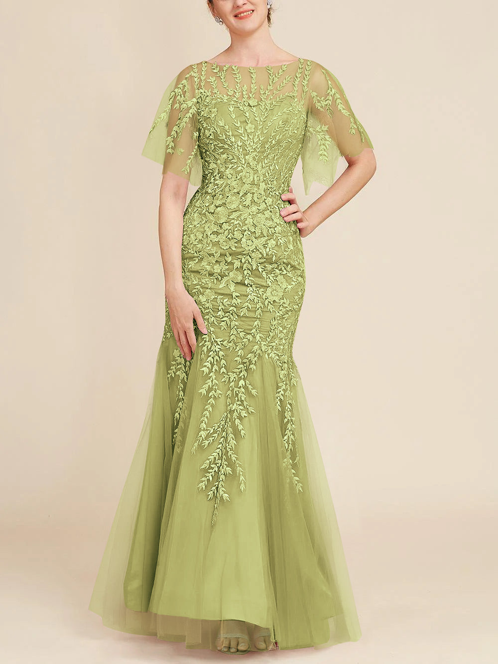 Long Mother of the Bride Lace Dresses with Trumpet Mermaid Scoop Half Sleeves