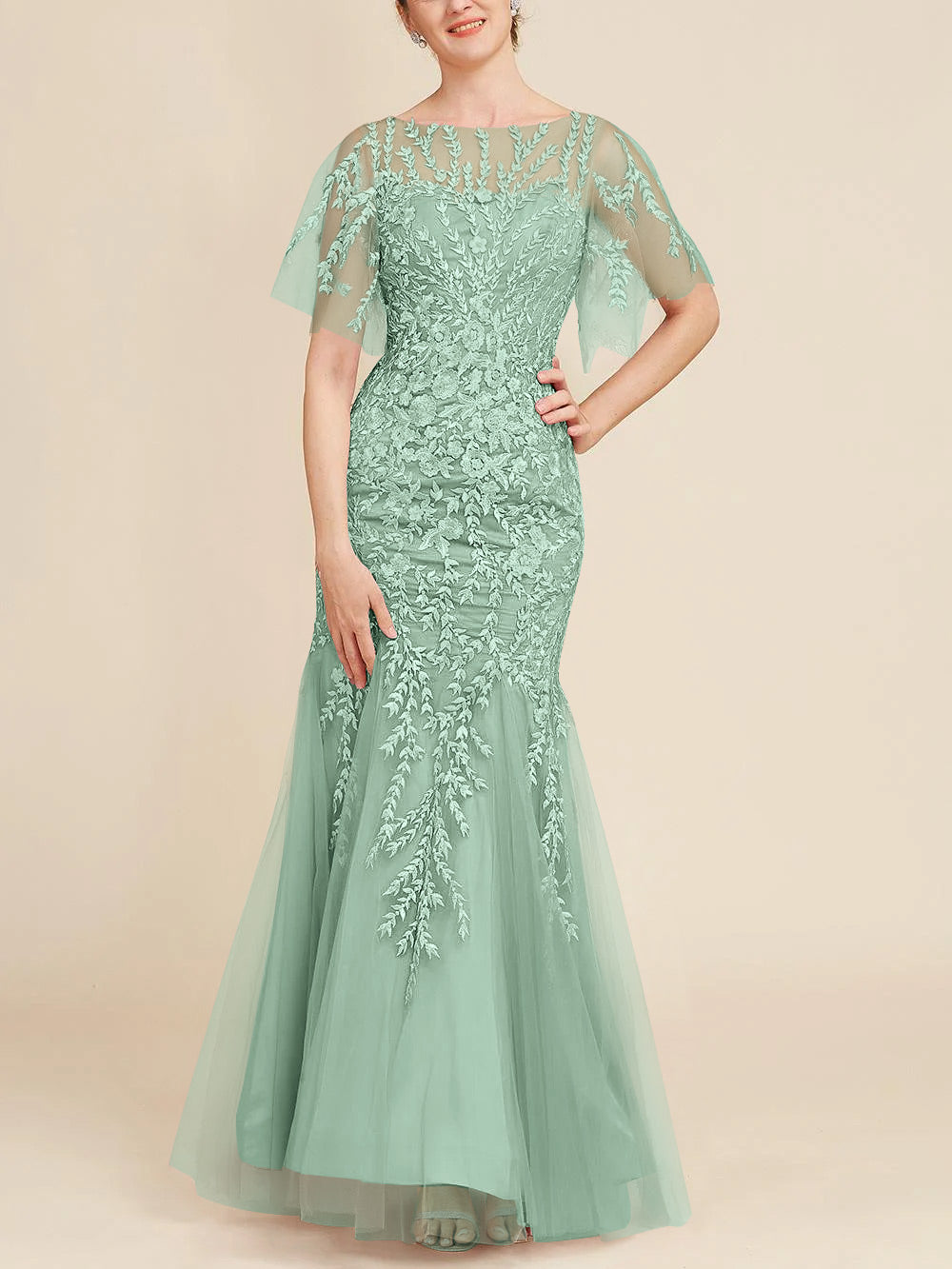 Long Mother of the Bride Lace Dresses with Trumpet Mermaid Scoop Half Sleeves