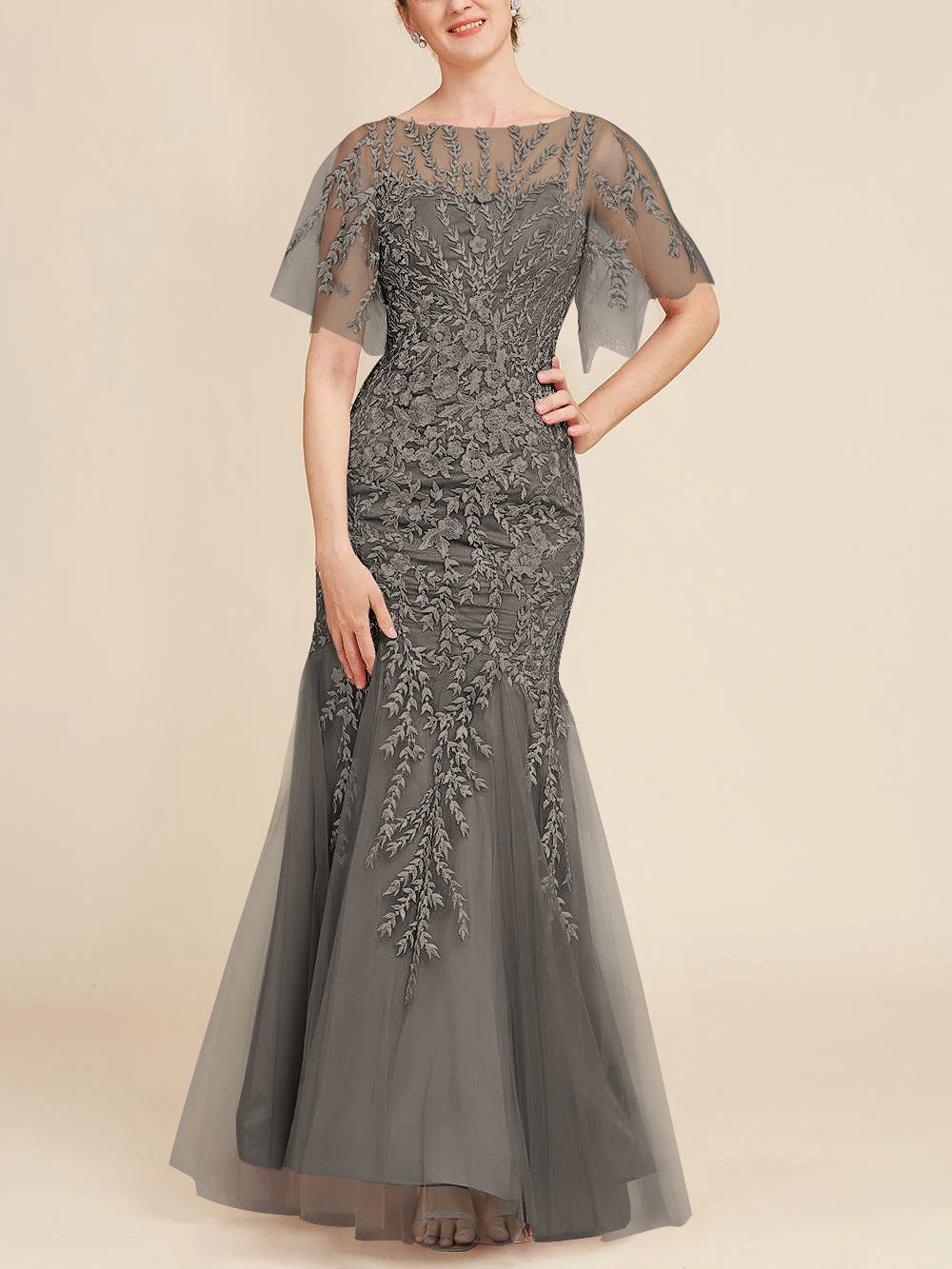 Long Mother of the Bride Lace Dresses with Trumpet Mermaid Scoop Half Sleeves