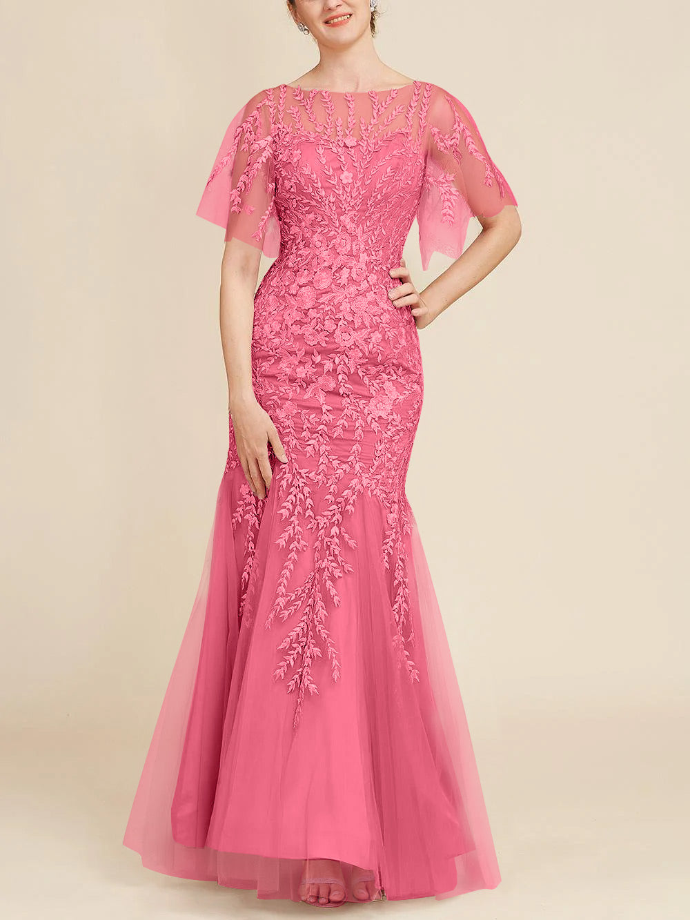 Long Mother of the Bride Lace Dresses with Trumpet Mermaid Scoop Half Sleeves