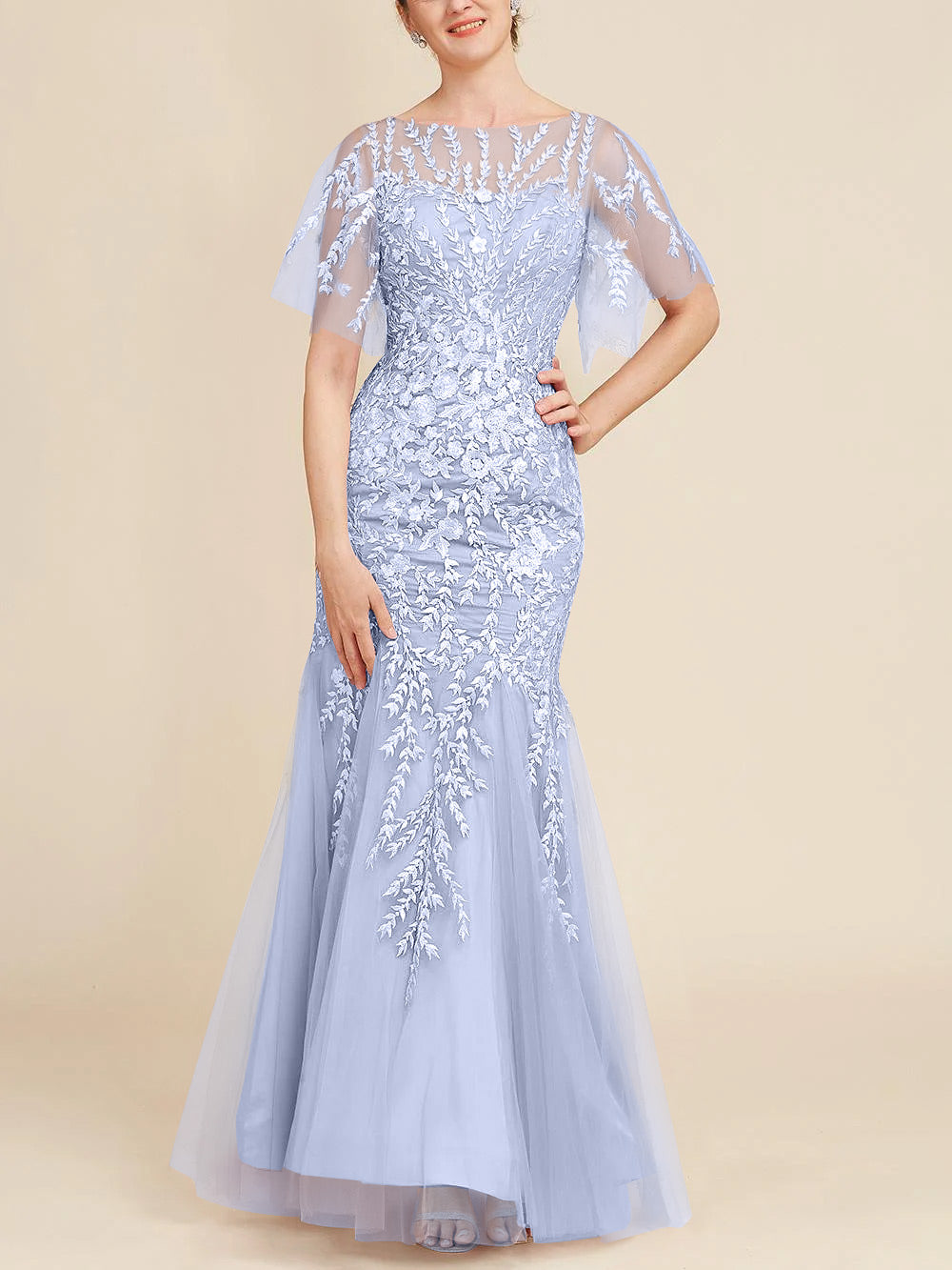 Long Mother of the Bride Lace Dresses with Trumpet Mermaid Scoop Half Sleeves