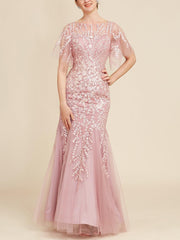 Long Mother of the Bride Lace Dresses with Trumpet Mermaid Scoop Half Sleeves