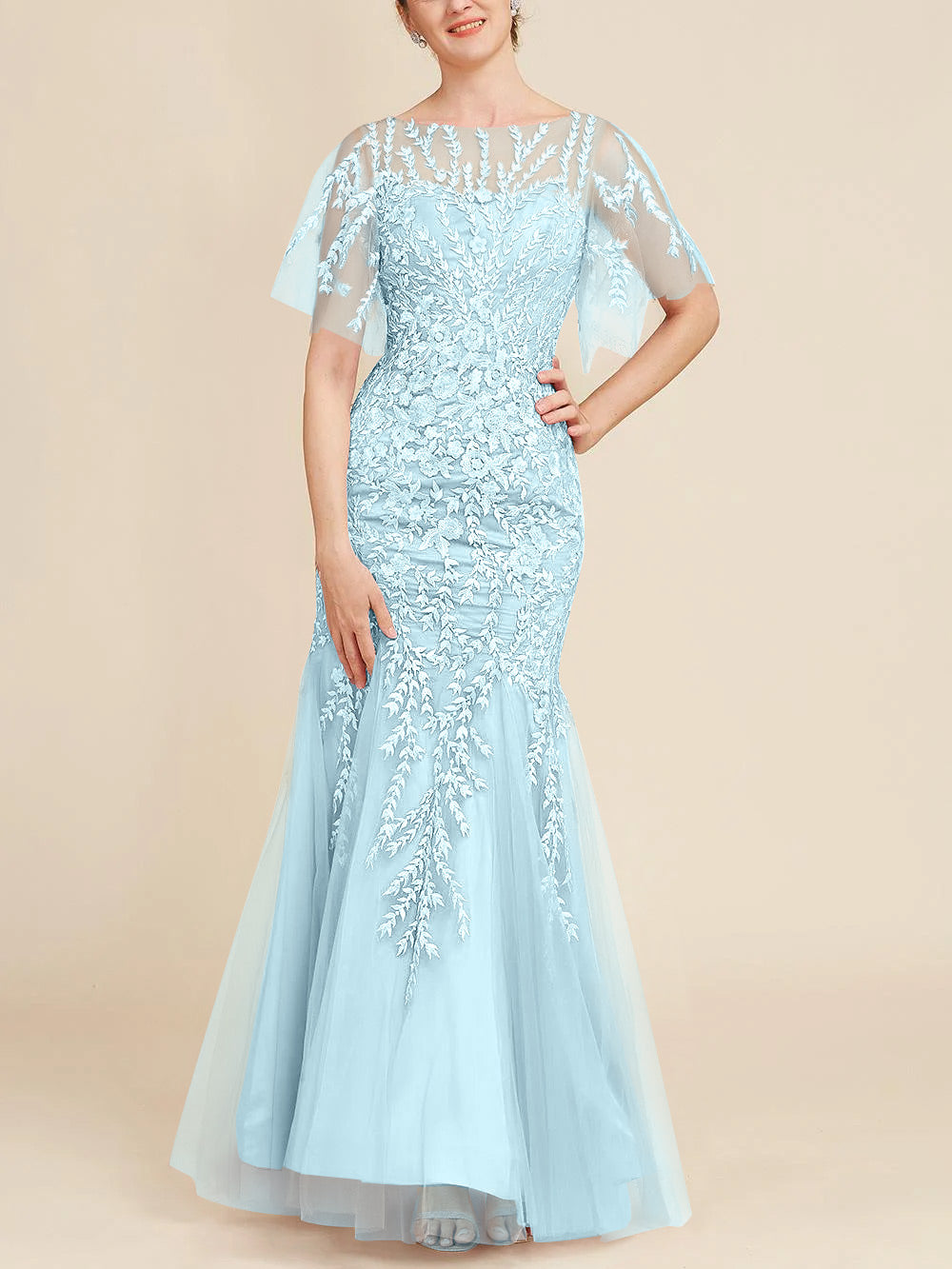 Long Mother of the Bride Lace Dresses with Trumpet Mermaid Scoop Half Sleeves