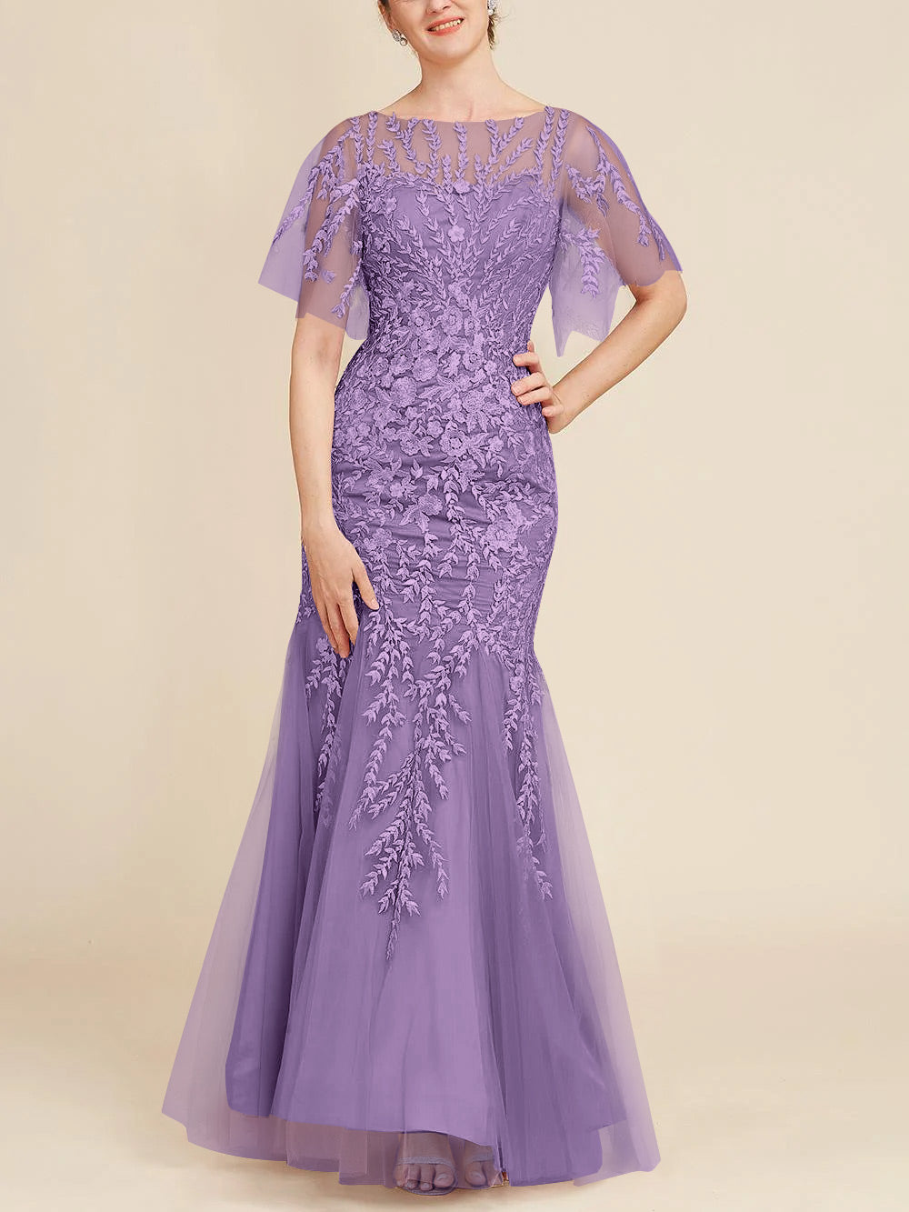 Long Mother of the Bride Lace Dresses with Trumpet Mermaid Scoop Half Sleeves