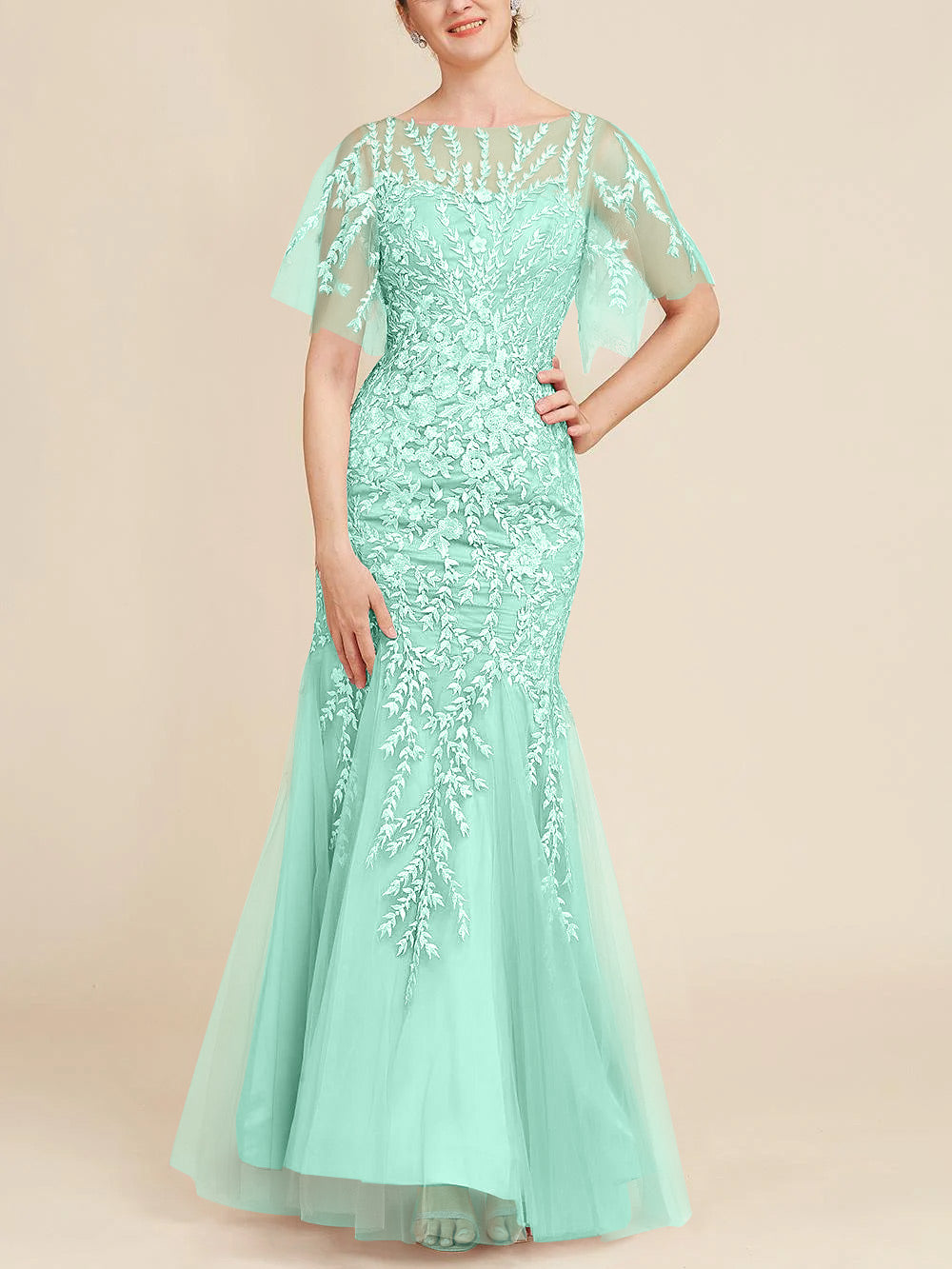 Long Mother of the Bride Lace Dresses with Trumpet Mermaid Scoop Half Sleeves