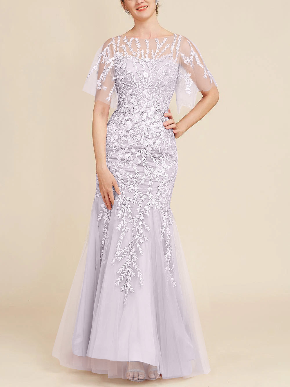 Long Mother of the Bride Lace Dresses with Trumpet Mermaid Scoop Half Sleeves