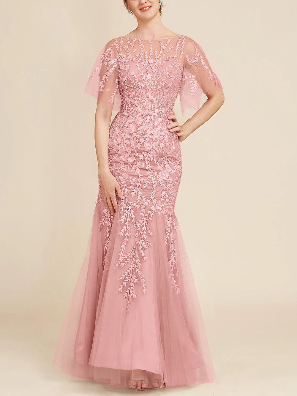 Long Mother of the Bride Lace Dresses with Trumpet Mermaid Scoop Half Sleeves