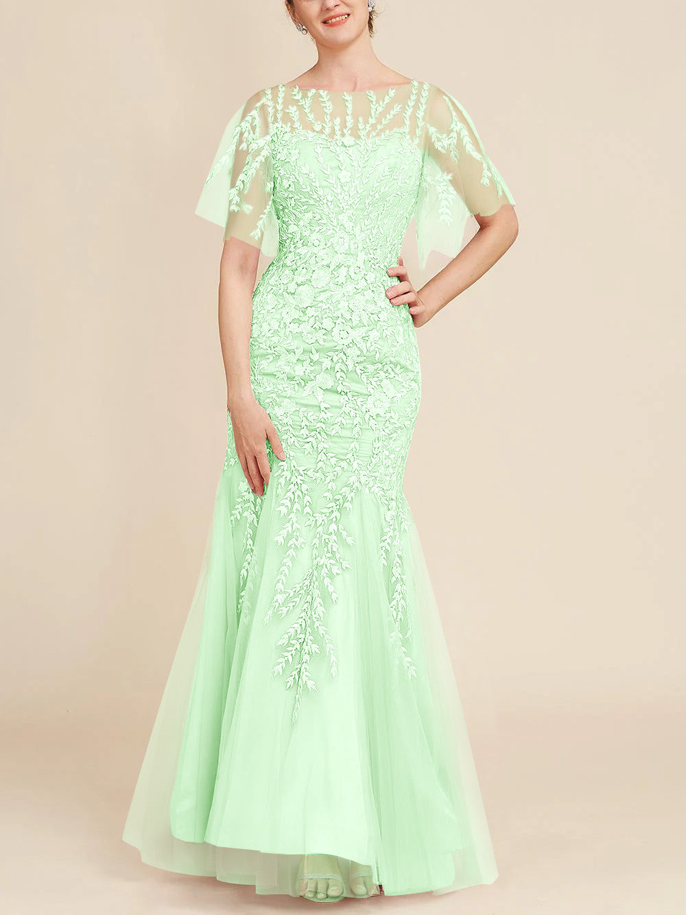 Long Mother of the Bride Lace Dresses with Trumpet Mermaid Scoop Half Sleeves