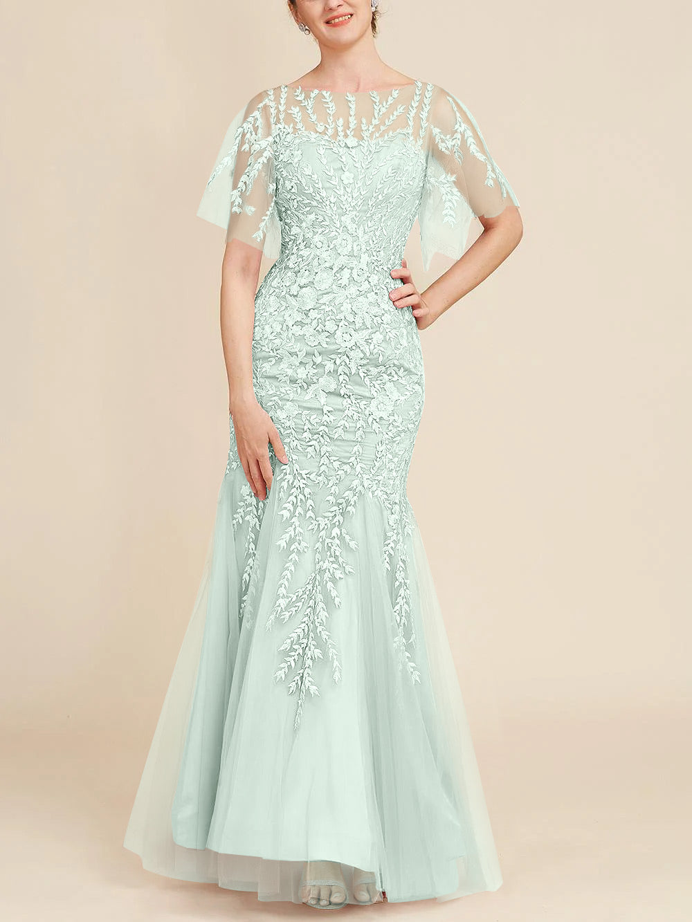 Long Mother of the Bride Lace Dresses with Trumpet Mermaid Scoop Half Sleeves
