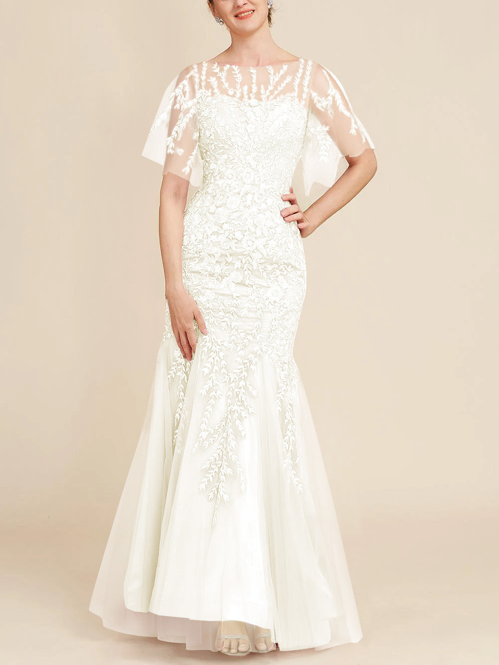 Long Mother of the Bride Lace Dresses with Trumpet Mermaid Scoop Half Sleeves