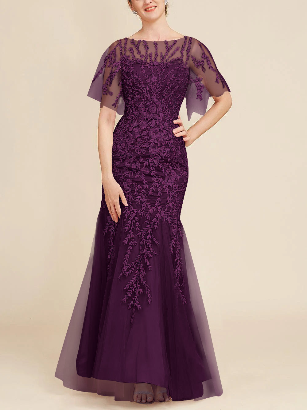 Long Mother of the Bride Lace Dresses with Trumpet Mermaid Scoop Half Sleeves