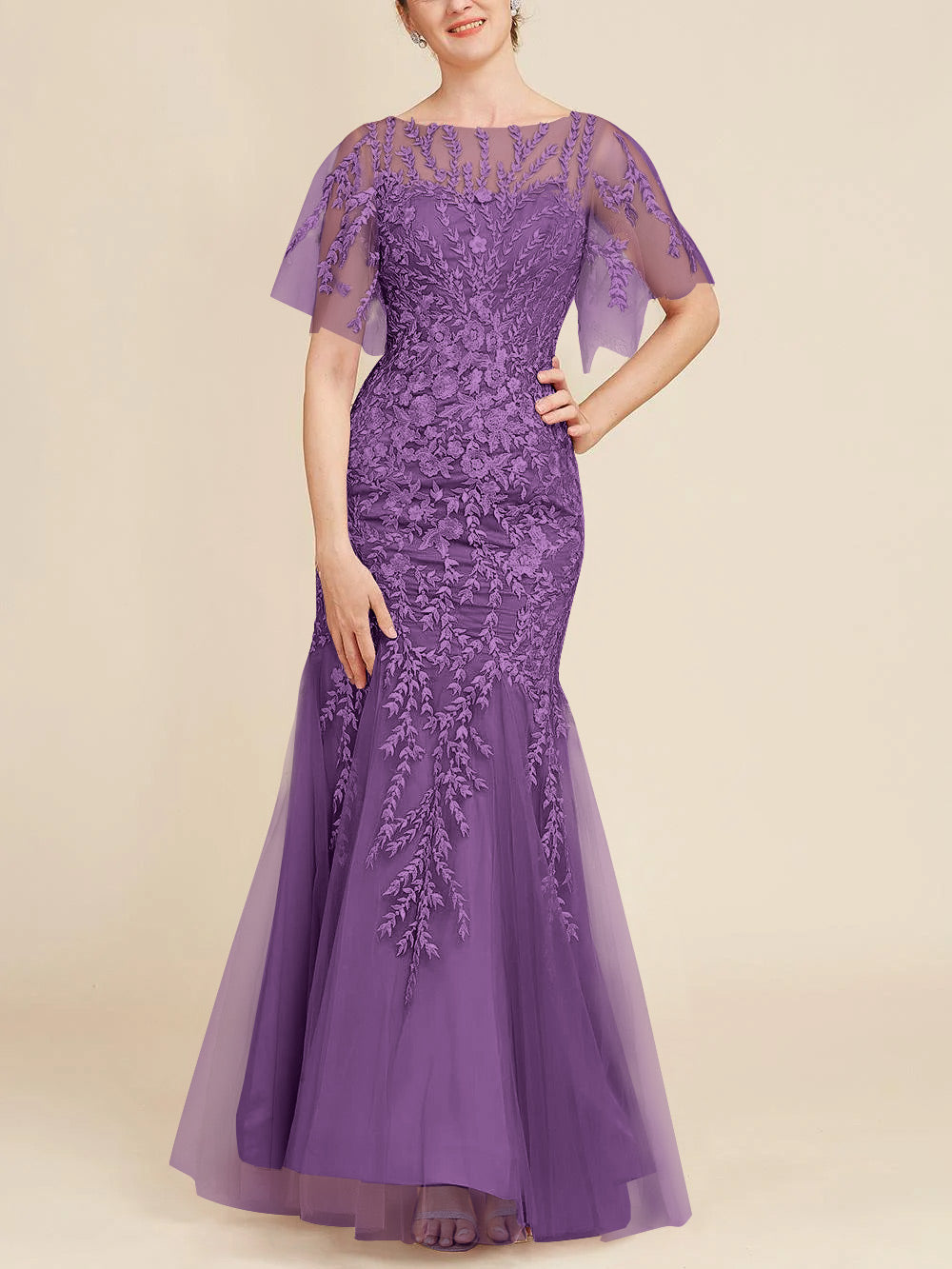 Long Mother of the Bride Lace Dresses with Trumpet Mermaid Scoop Half Sleeves