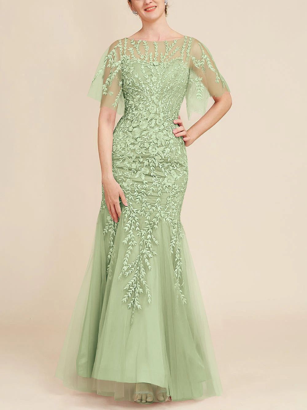 Long Mother of the Bride Lace Dresses with Trumpet Mermaid Scoop Half Sleeves