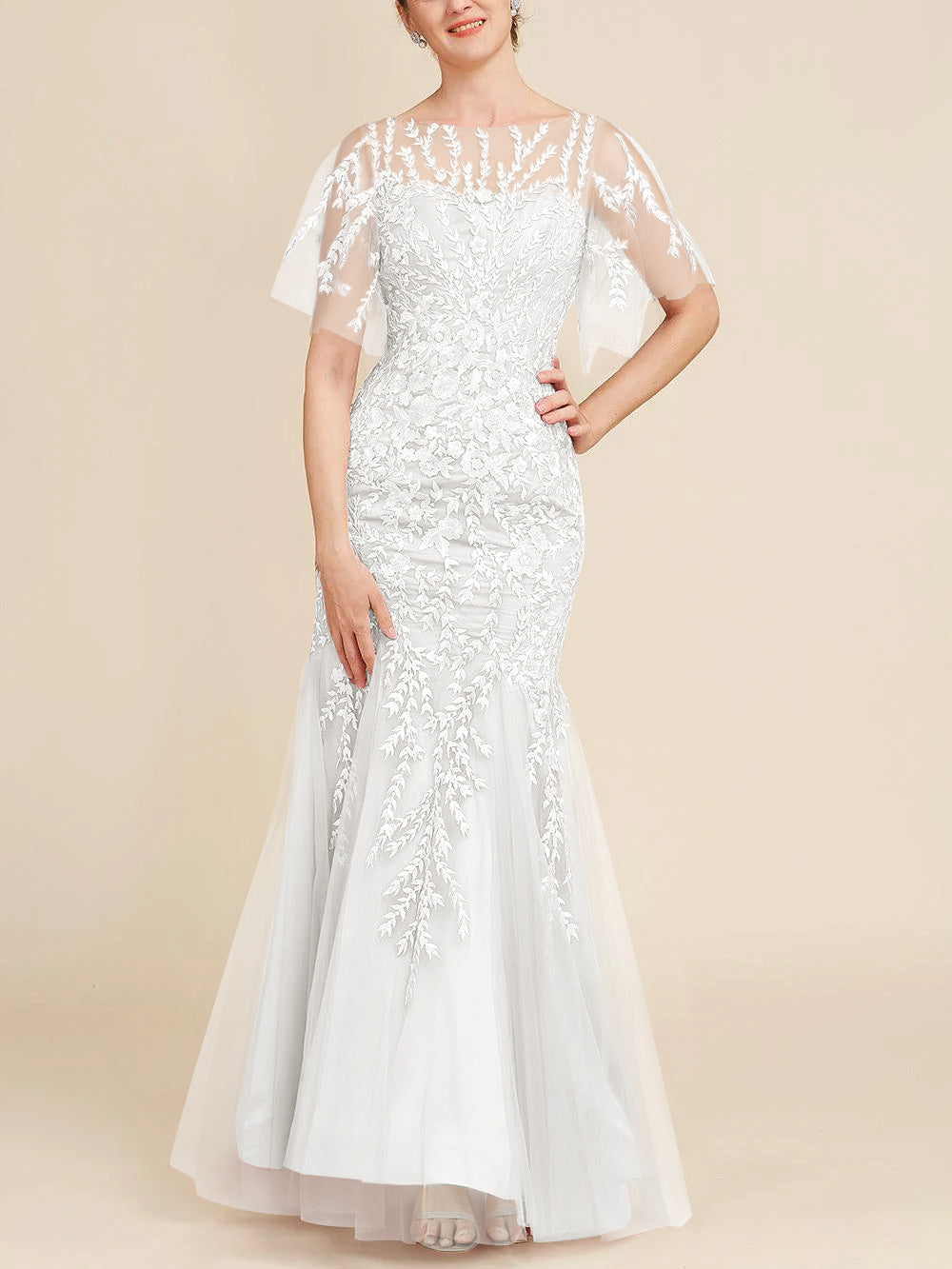 Long Mother of the Bride Lace Dresses with Trumpet Mermaid Scoop Half Sleeves