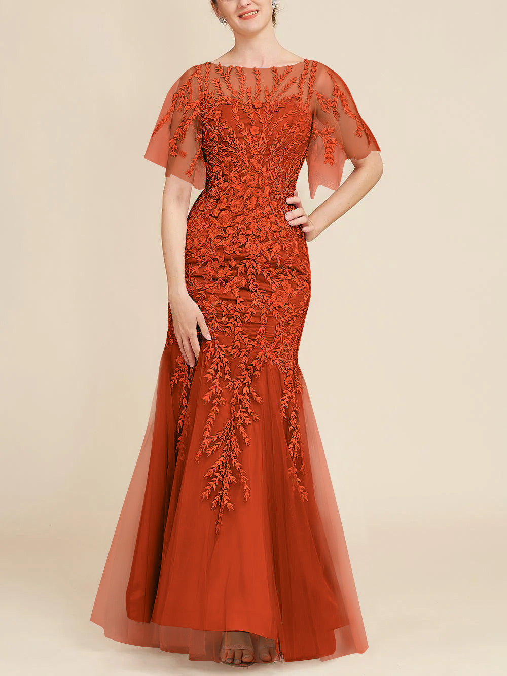 Long Mother of the Bride Lace Dresses with Trumpet Mermaid Scoop Half Sleeves