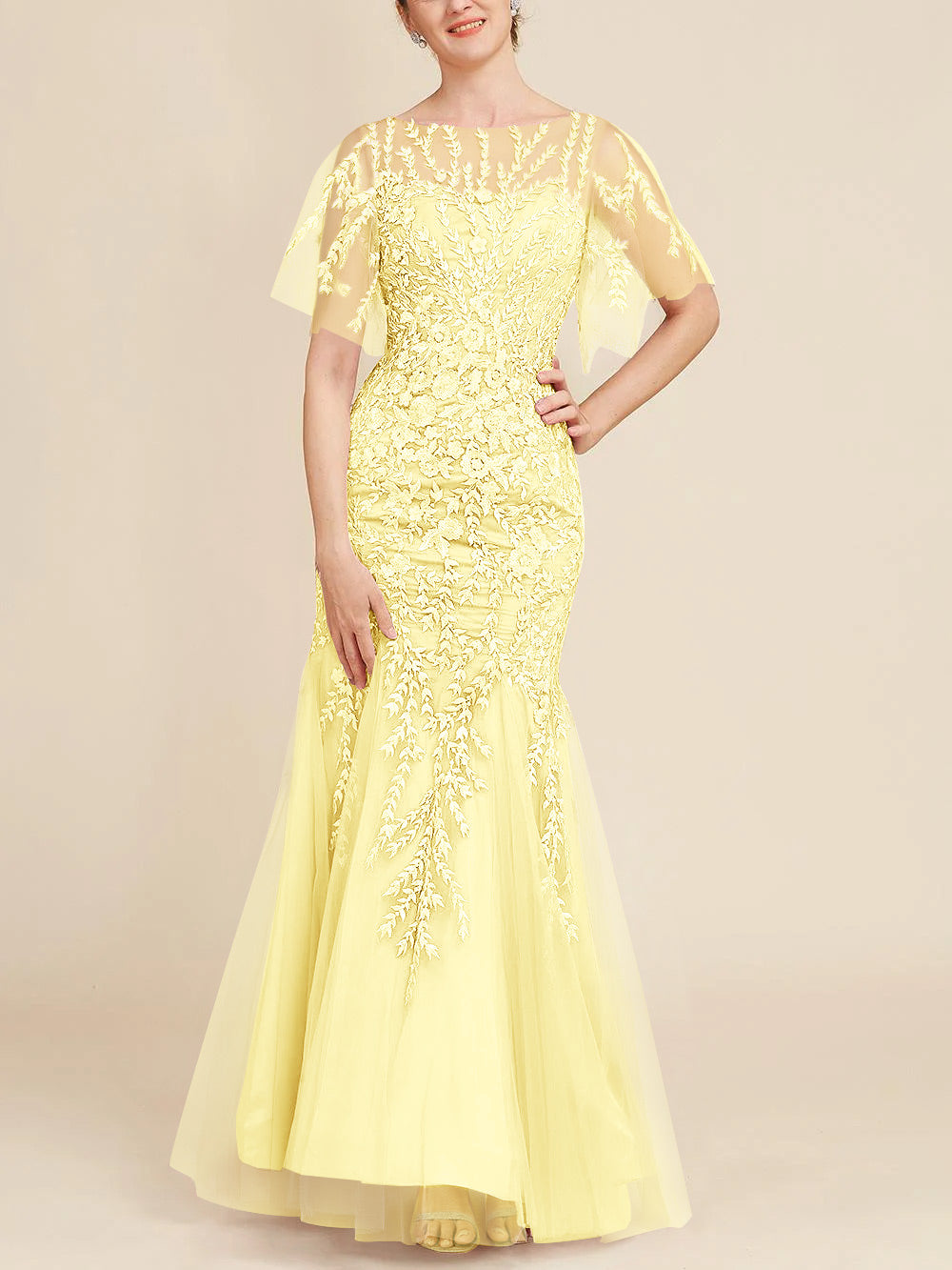 Long Mother of the Bride Lace Dresses with Trumpet Mermaid Scoop Half Sleeves