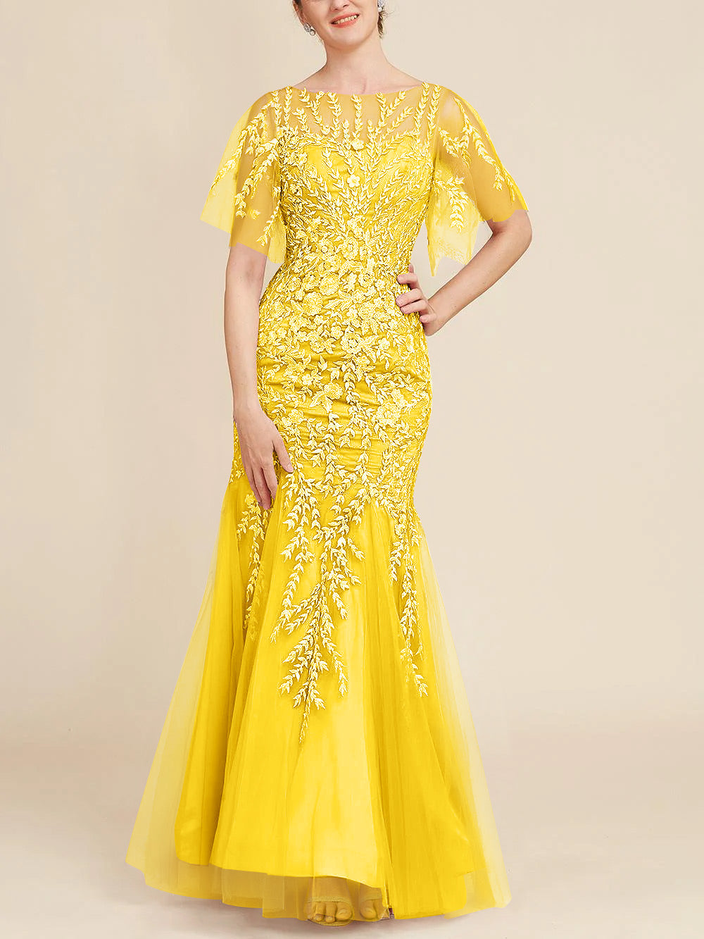 Long Mother of the Bride Lace Dresses with Trumpet Mermaid Scoop Half Sleeves