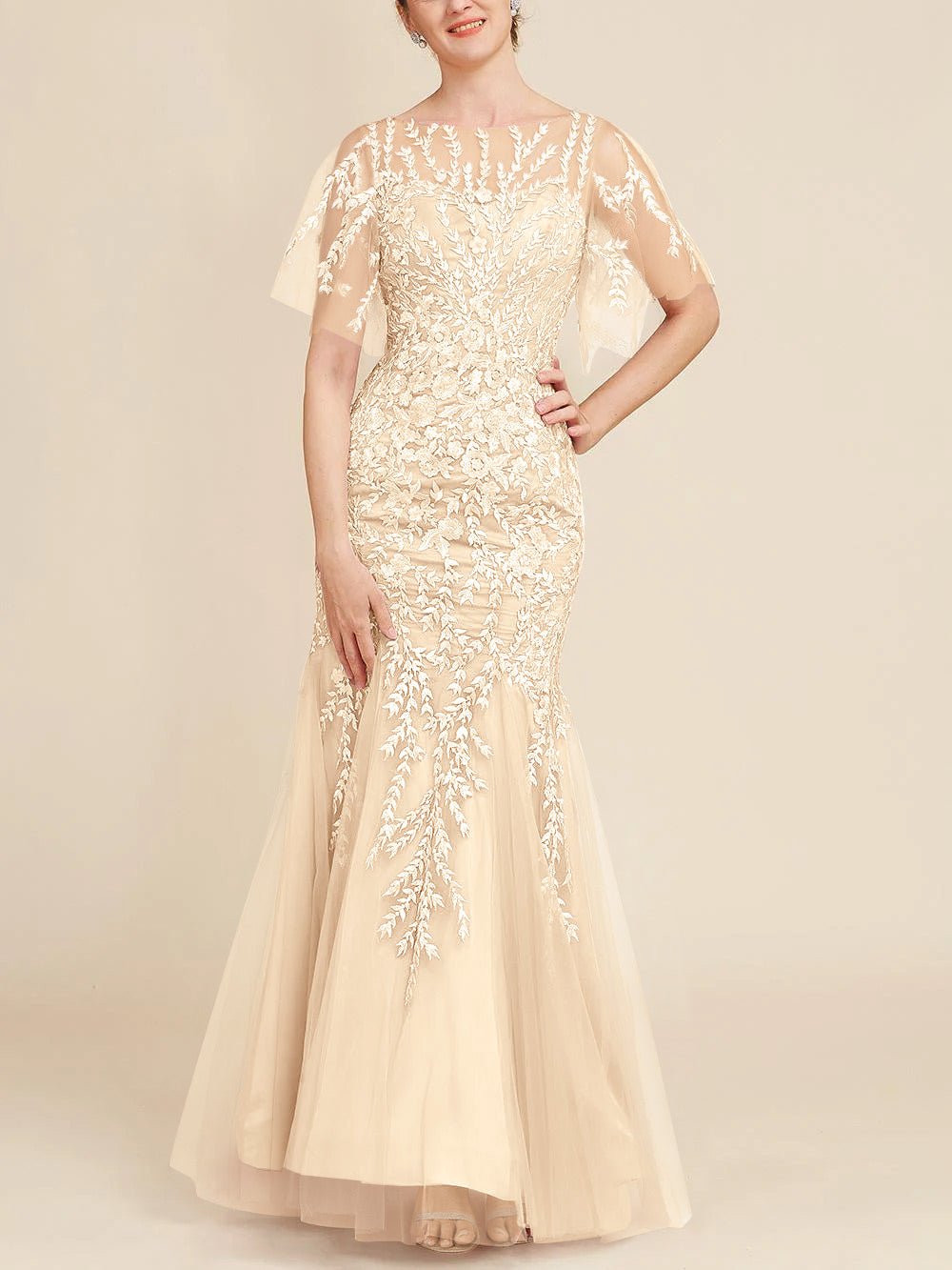 Long Mother of the Bride Lace Dresses with Trumpet Mermaid Scoop Half Sleeves