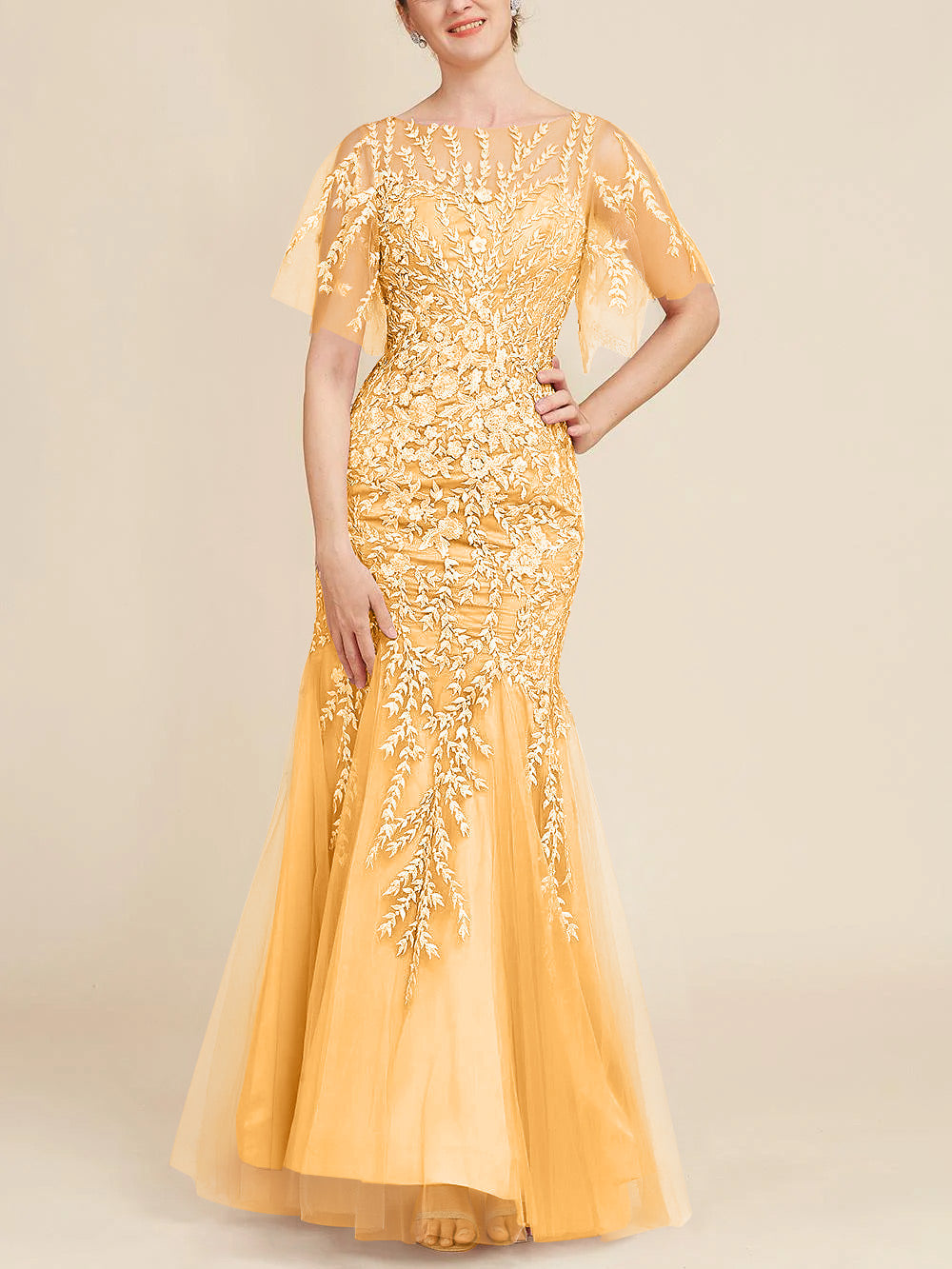 Long Mother of the Bride Lace Dresses with Trumpet Mermaid Scoop Half Sleeves