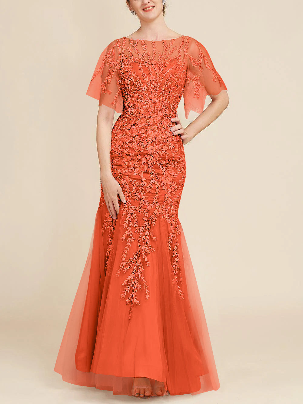 Long Mother of the Bride Lace Dresses with Trumpet Mermaid Scoop Half Sleeves