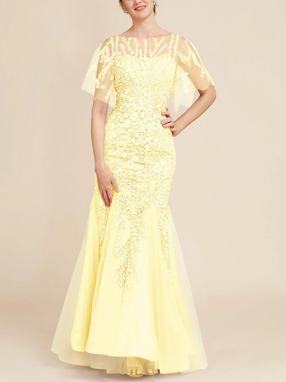 Long Mother of the Bride Lace Dresses with Trumpet Mermaid Scoop Half Sleeves