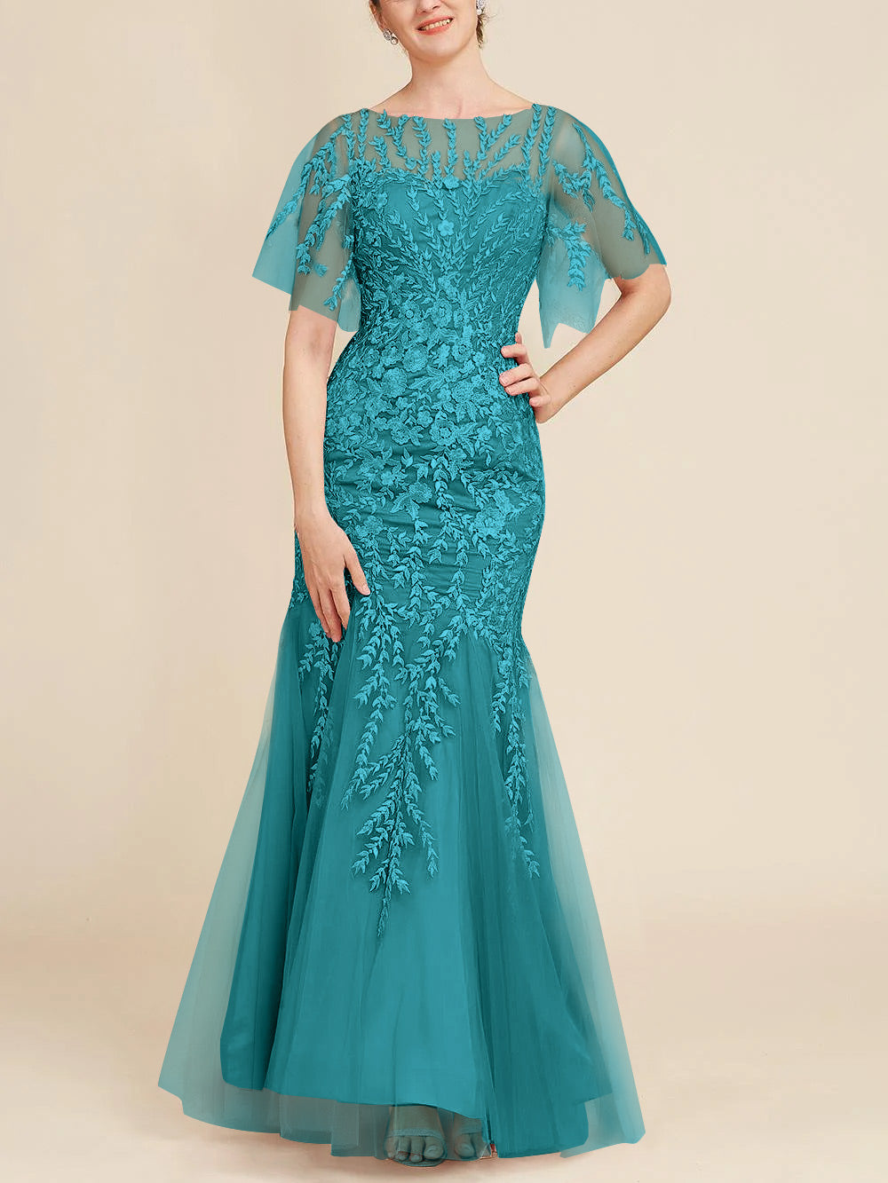 Long Mother of the Bride Lace Dresses with Trumpet Mermaid Scoop Half Sleeves