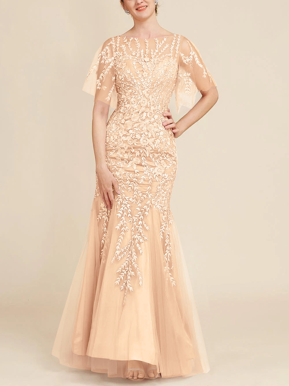 Long Mother of the Bride Lace Dresses with Trumpet Mermaid Scoop Half Sleeves