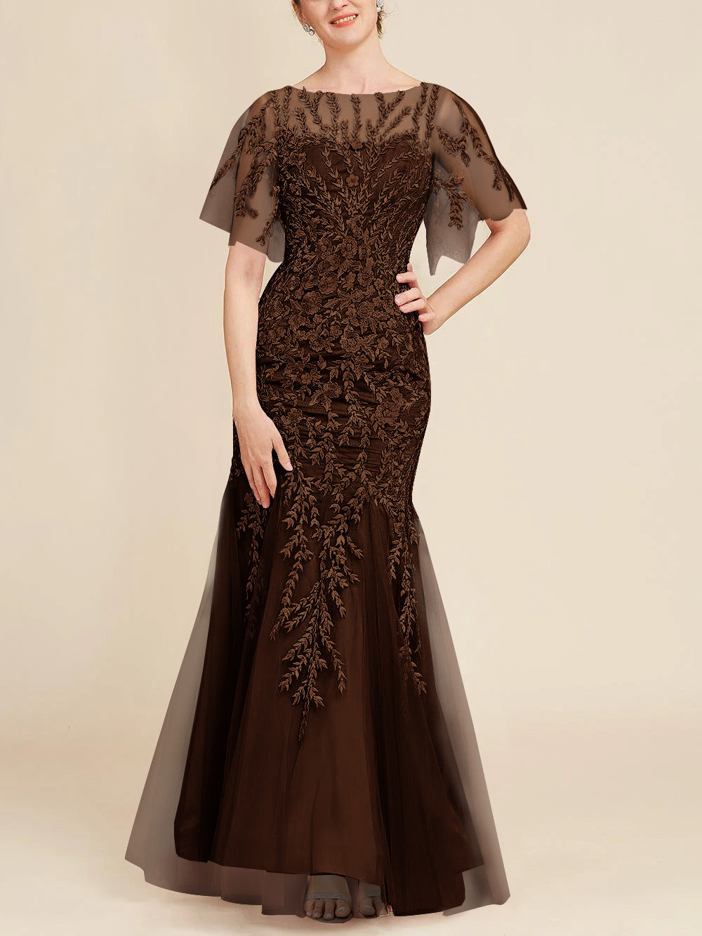 Long Mother of the Bride Lace Dresses with Trumpet Mermaid Scoop Half Sleeves