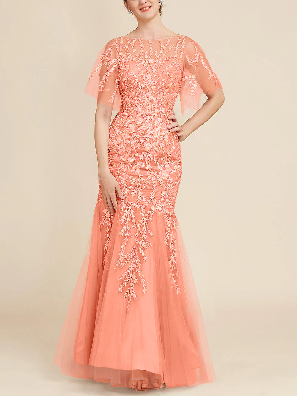 Long Mother of the Bride Lace Dresses with Trumpet Mermaid Scoop Half Sleeves