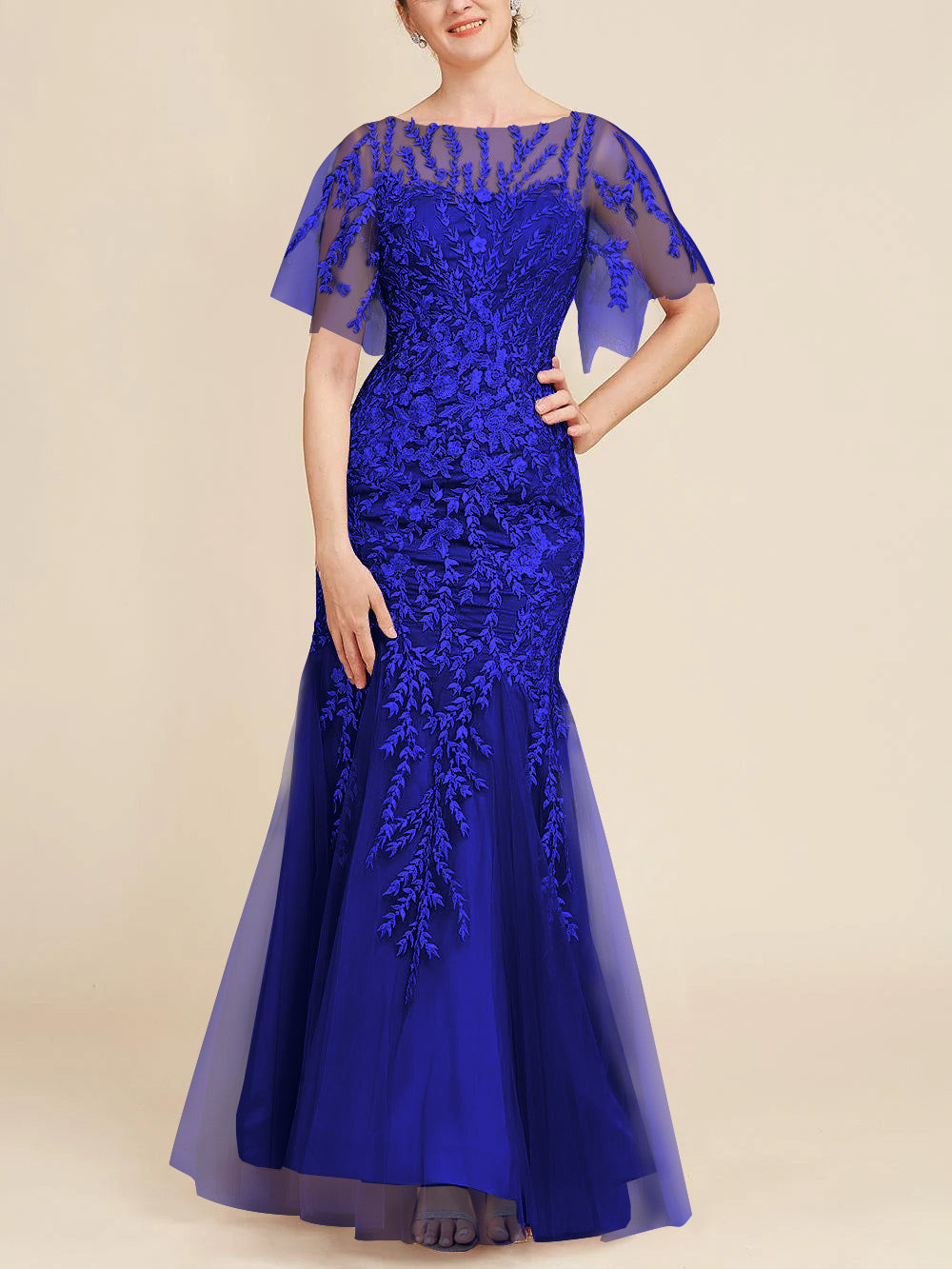 Long Mother of the Bride Lace Dresses with Trumpet Mermaid Scoop Half Sleeves