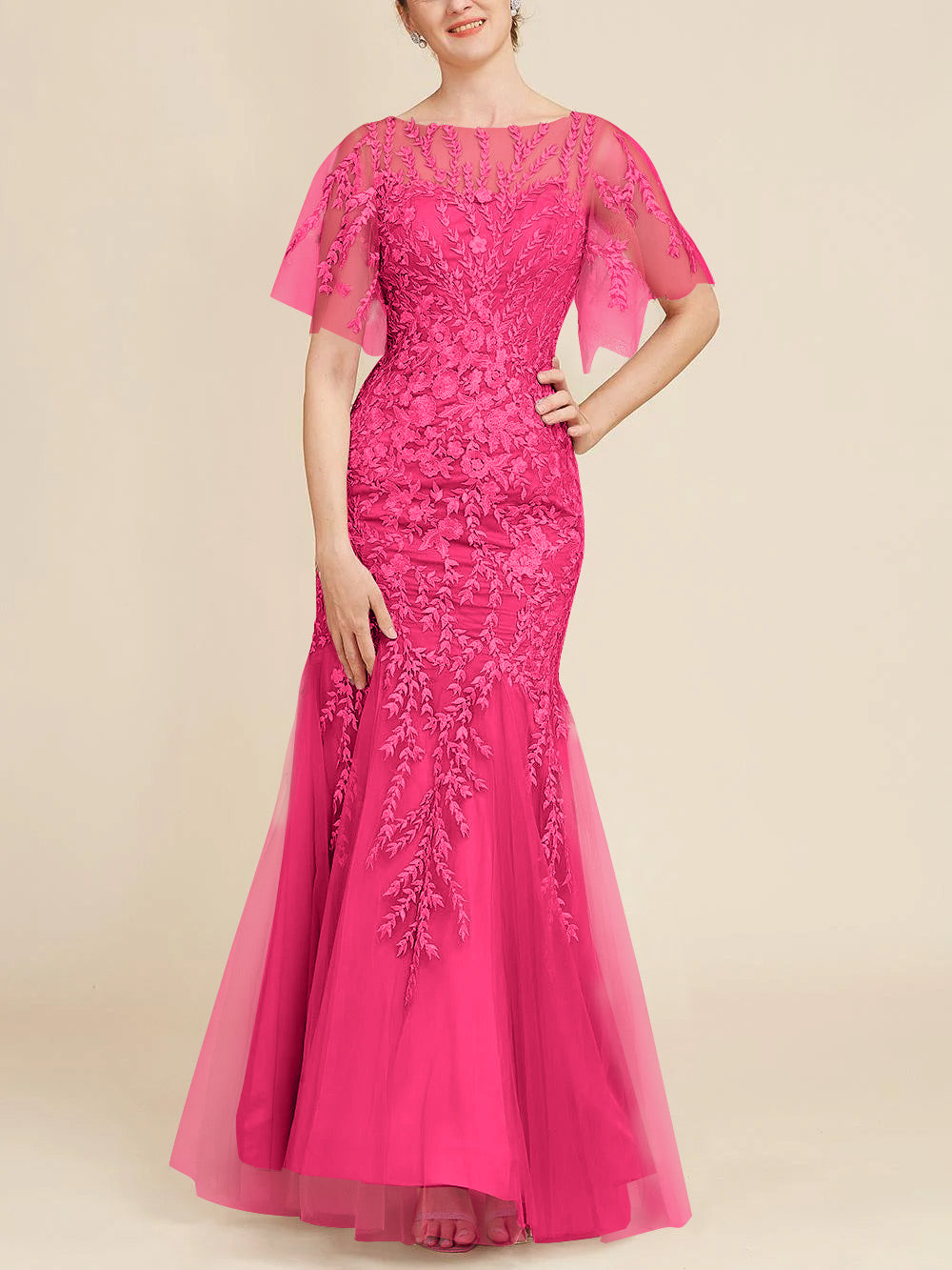Long Mother of the Bride Lace Dresses with Trumpet Mermaid Scoop Half Sleeves