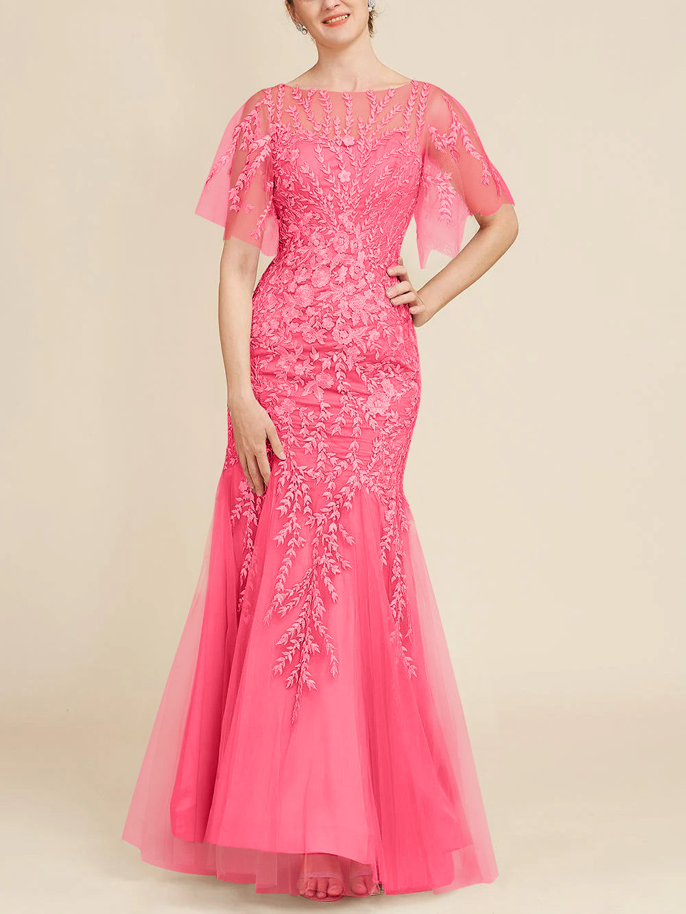 Long Mother of the Bride Lace Dresses with Trumpet Mermaid Scoop Half Sleeves