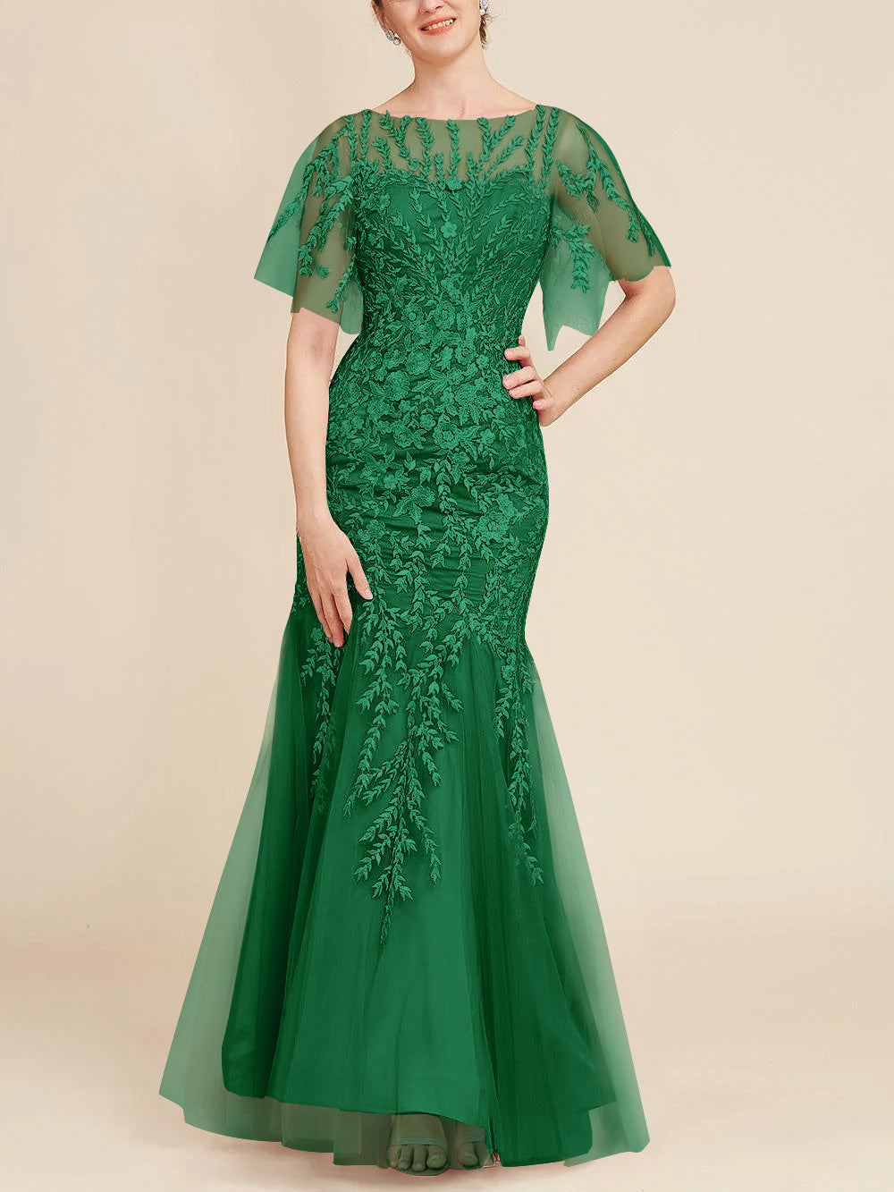 Long Mother of the Bride Lace Dresses with Trumpet Mermaid Scoop Half Sleeves