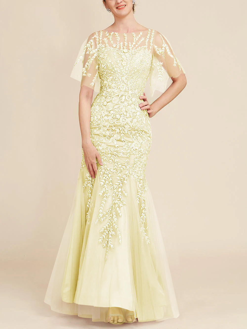 Long Mother of the Bride Lace Dresses with Trumpet Mermaid Scoop Half Sleeves