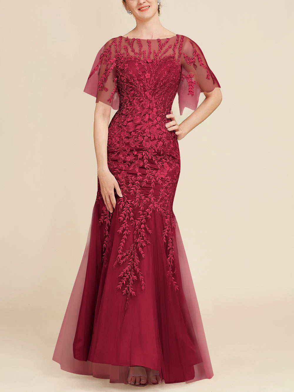 Long Mother of the Bride Lace Dresses with Trumpet Mermaid Scoop Half Sleeves