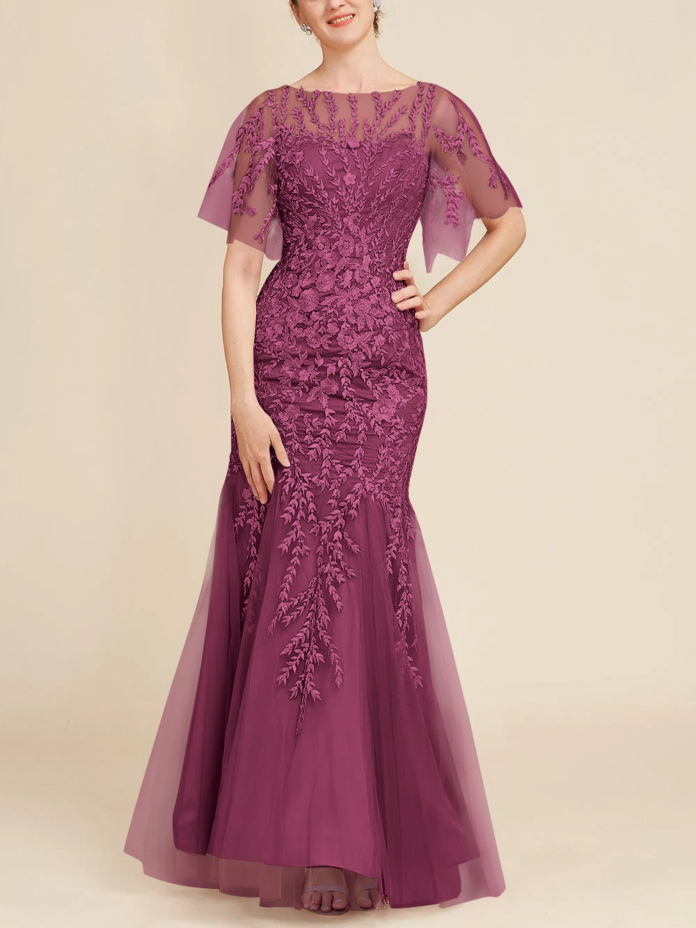 Long Mother of the Bride Lace Dresses with Trumpet Mermaid Scoop Half Sleeves