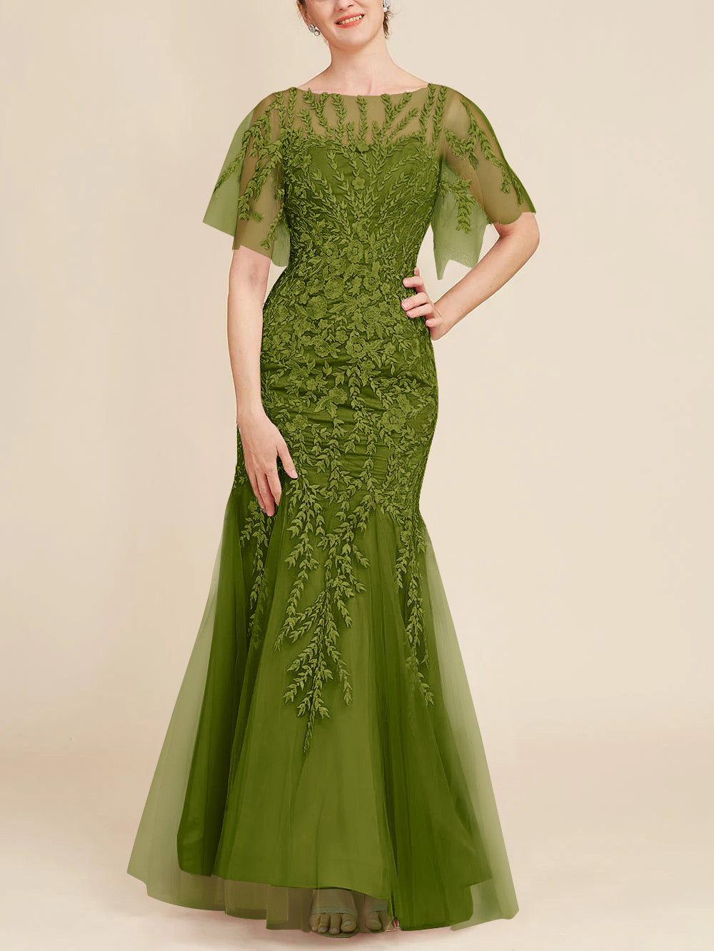 Long Mother of the Bride Lace Dresses with Trumpet Mermaid Scoop Half Sleeves