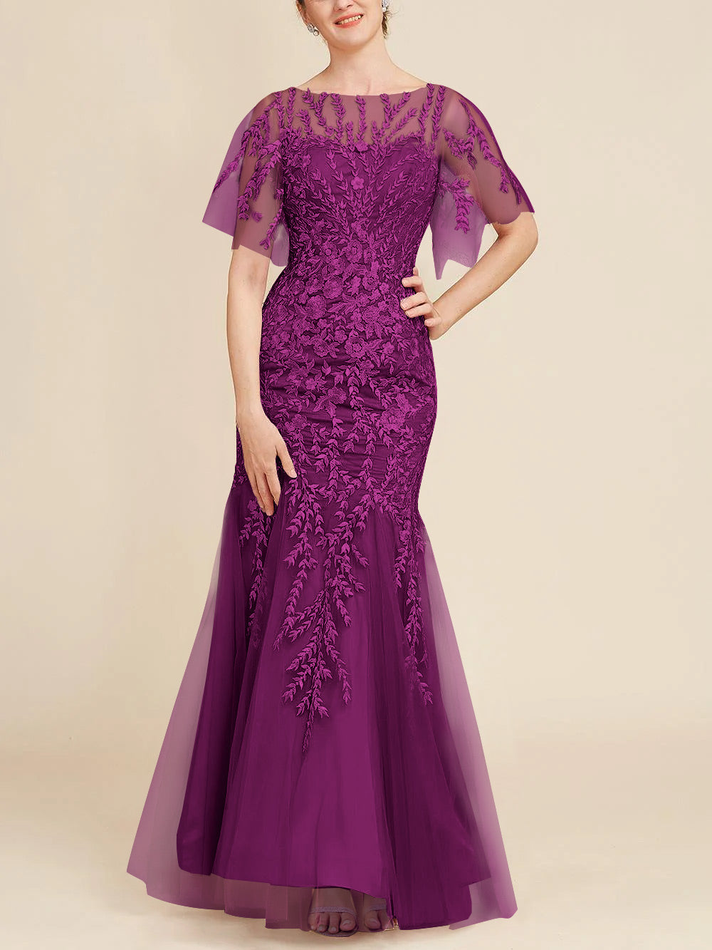 Long Mother of the Bride Lace Dresses with Trumpet Mermaid Scoop Half Sleeves