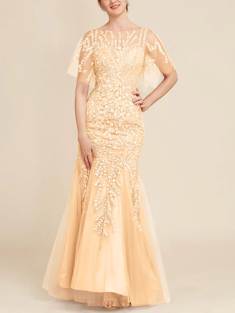 Long Mother of the Bride Lace Dresses with Trumpet Mermaid Scoop Half Sleeves