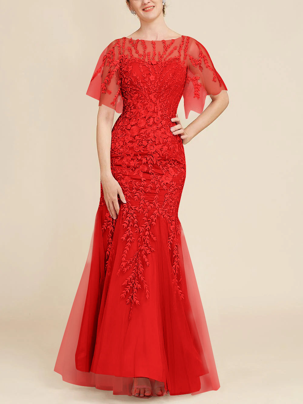 Long Mother of the Bride Lace Dresses with Trumpet Mermaid Scoop Half Sleeves
