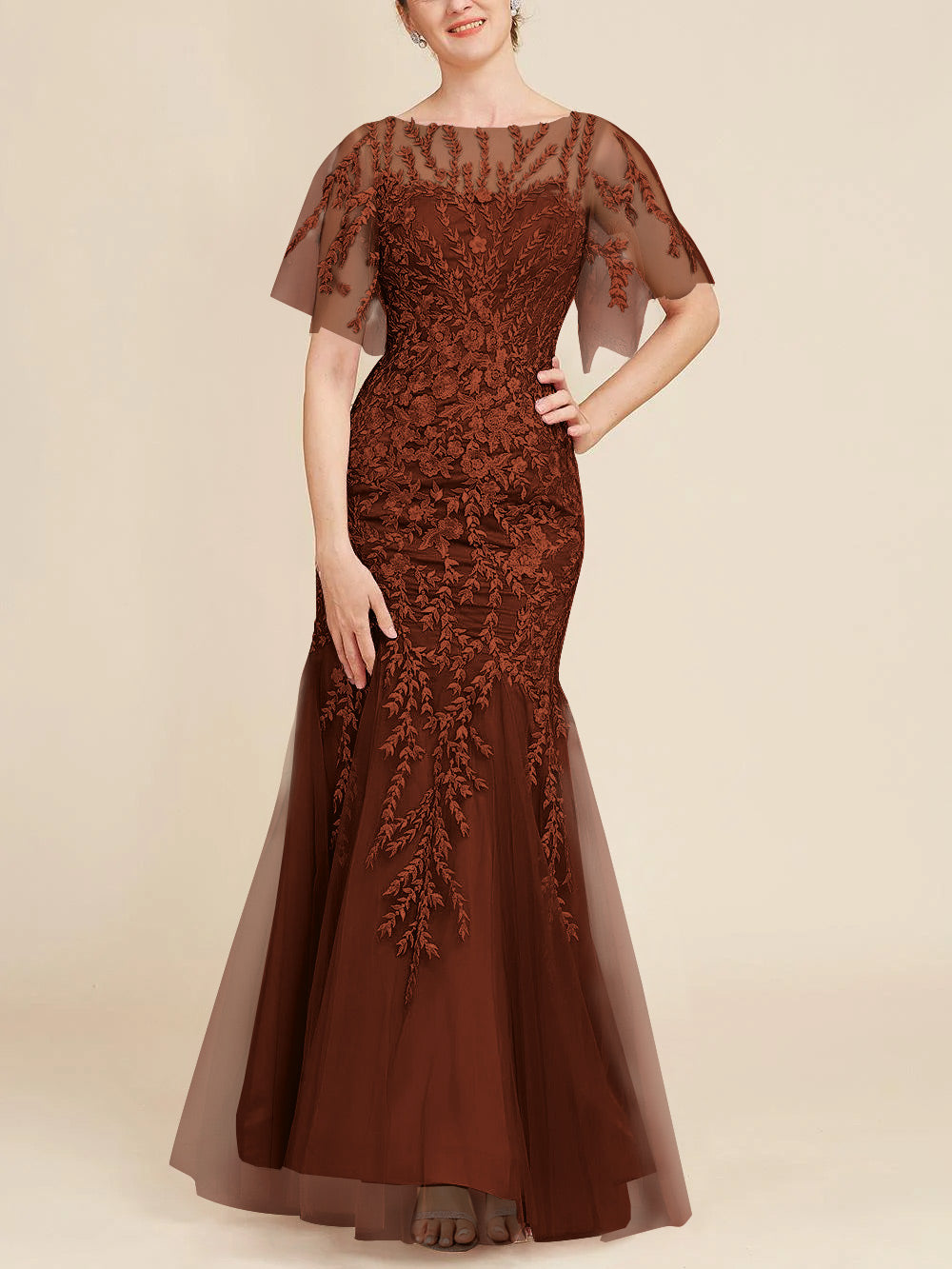 Long Mother of the Bride Lace Dresses with Trumpet Mermaid Scoop Half Sleeves