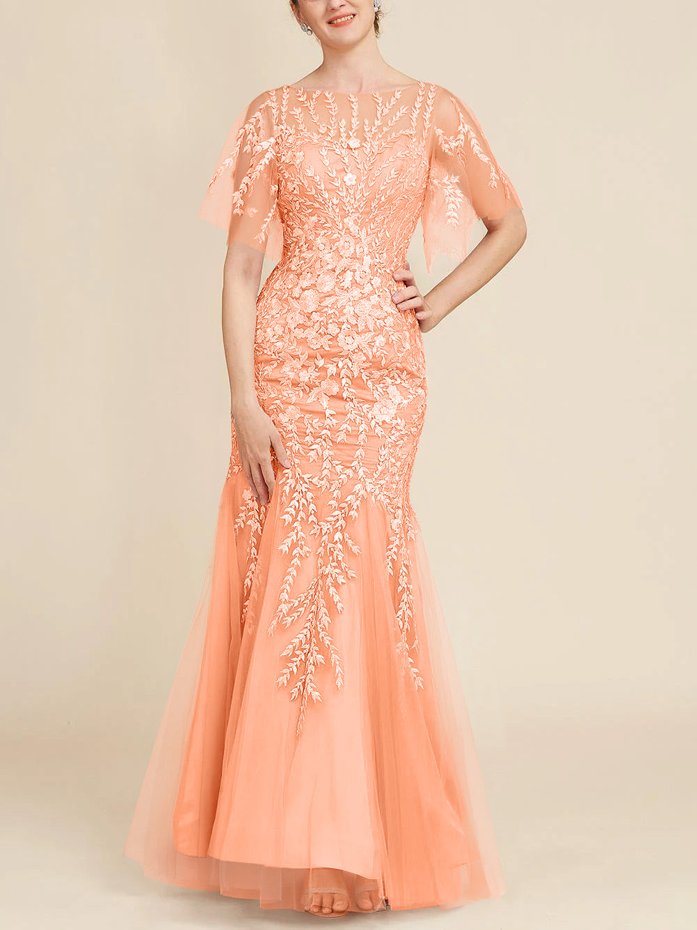 Long Mother of the Bride Lace Dresses with Trumpet Mermaid Scoop Half Sleeves