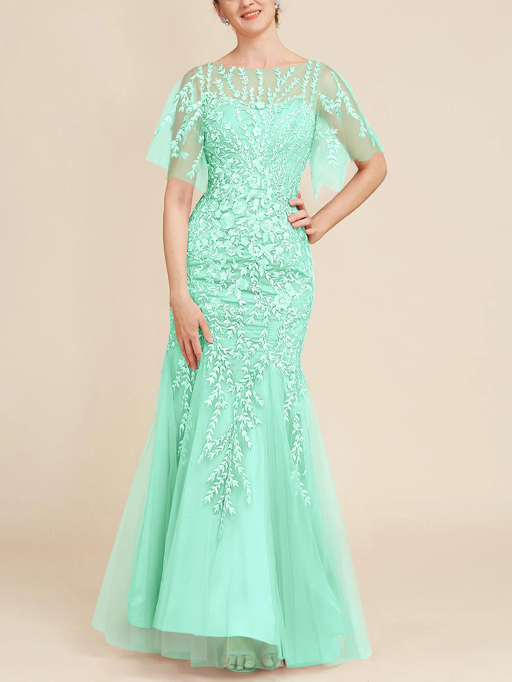Long Mother of the Bride Lace Dresses with Trumpet Mermaid Scoop Half Sleeves