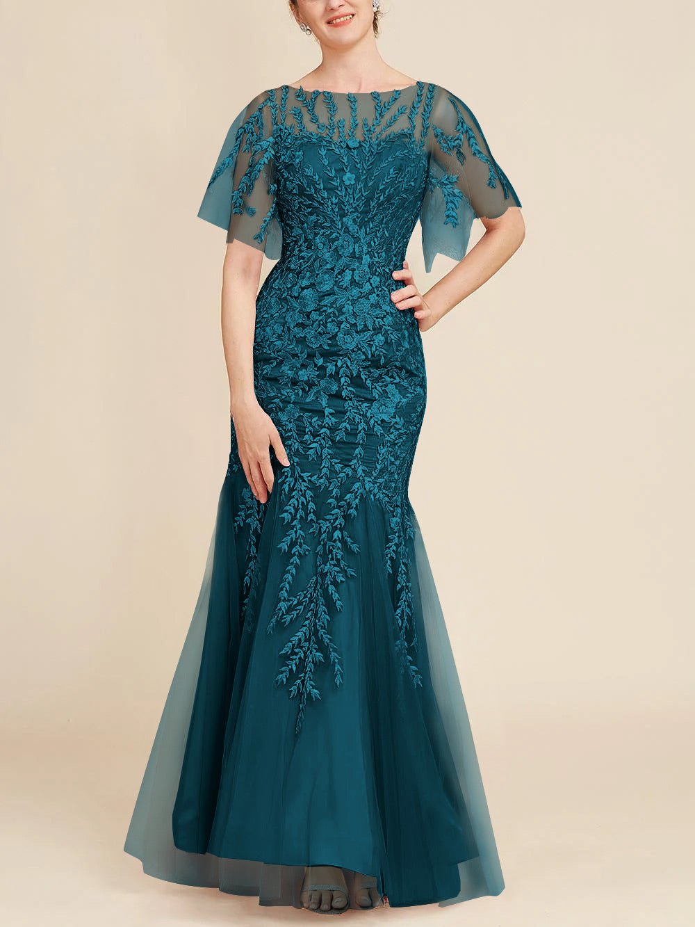 Long Mother of the Bride Lace Dresses with Trumpet Mermaid Scoop Half Sleeves