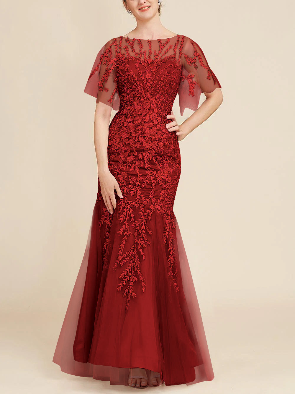 Long Mother of the Bride Lace Dresses with Trumpet Mermaid Scoop Half Sleeves