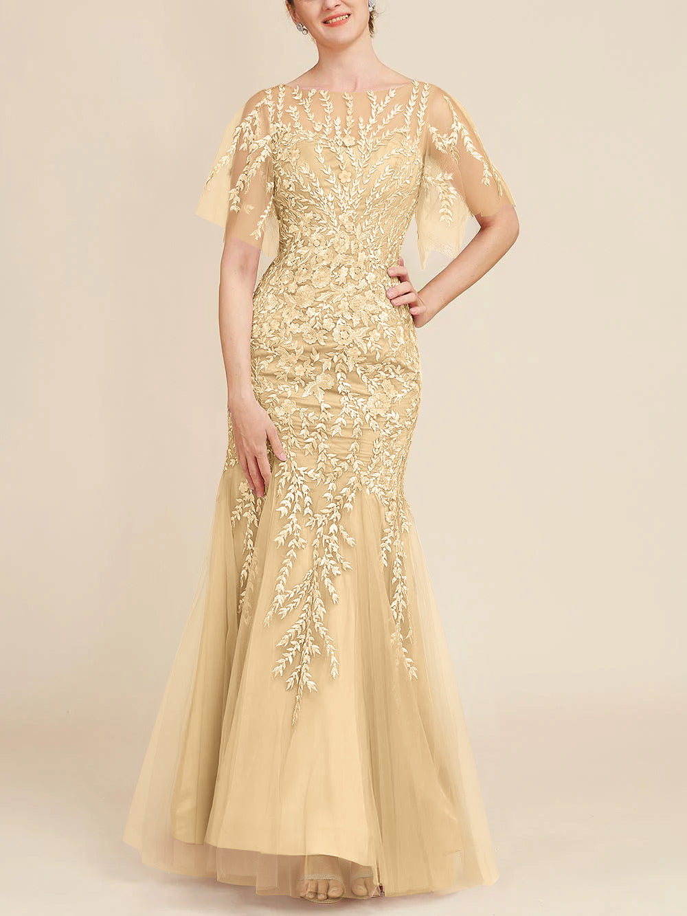 Long Mother of the Bride Lace Dresses with Trumpet Mermaid Scoop Half Sleeves