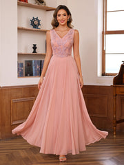 Long V Neck Mother of the Bride A Line Dress with Appliques & Wrap in 2 Pics